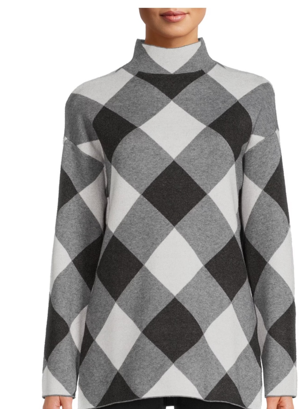 By Design Diamond Plaid Mock Neck Sweater Gray & Black